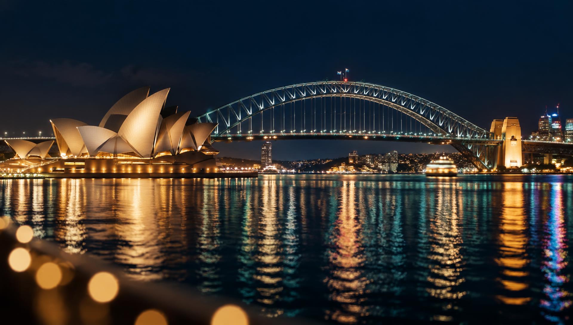 Sydney Harbour at night with the Opera House and Harbour Bridge lit against a midnight sky