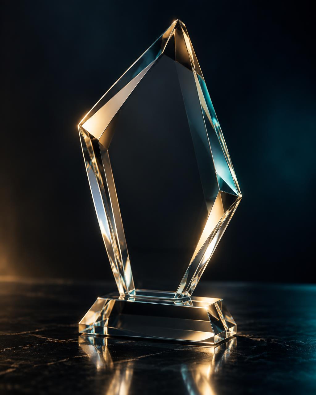 Crystal awards trophy lit with gold and teal light